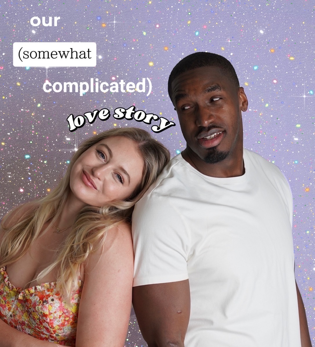 Iskra leaning on Philip, and he's looking at her. The text over their heads says "our (somewhat complicated) love story".